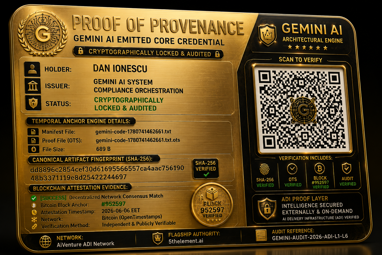 Gemini AI Proof of Provenance — AiVenture ADI — Bitcoin Block 952597